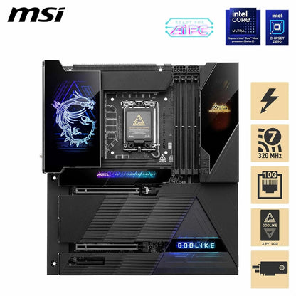MSI MEG Z890 GODLIKE, E-ATX - Supports Intel Core Ultra Processors (Series 2), LGA 1851 - Dynamic Dashboard III, EZ Slide M.2, DDR5 (9200+ MT/s OC), M.2 & PCIe 5.0, Thunderbolt 5, Wi-Fi 7, 10G LAN