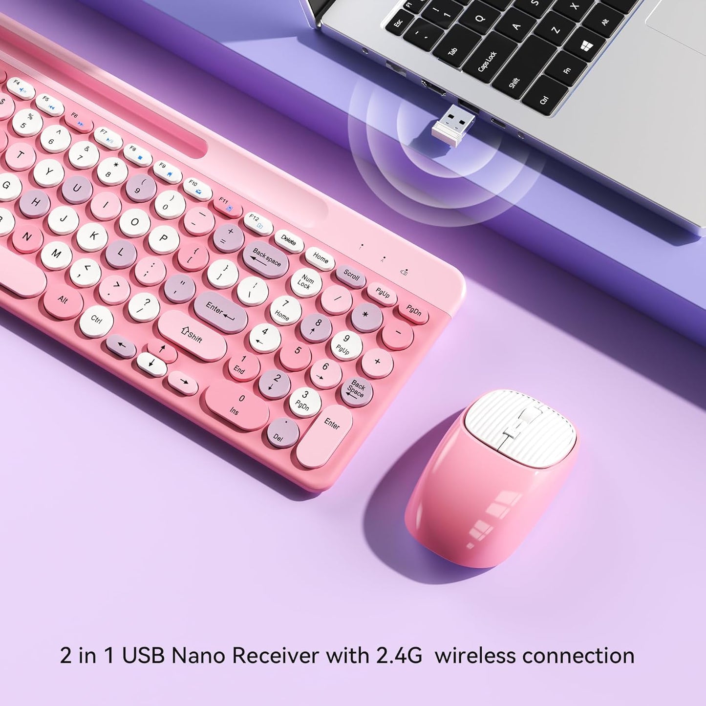 Wireless Keyboard and Mouse Combo, Retro Wireless Keyboard with Round Keycaps, 2.4GHz Full-Size USB Cute Wireless Keyboard Mouse for Computer, Desktop, Laptop and Computer