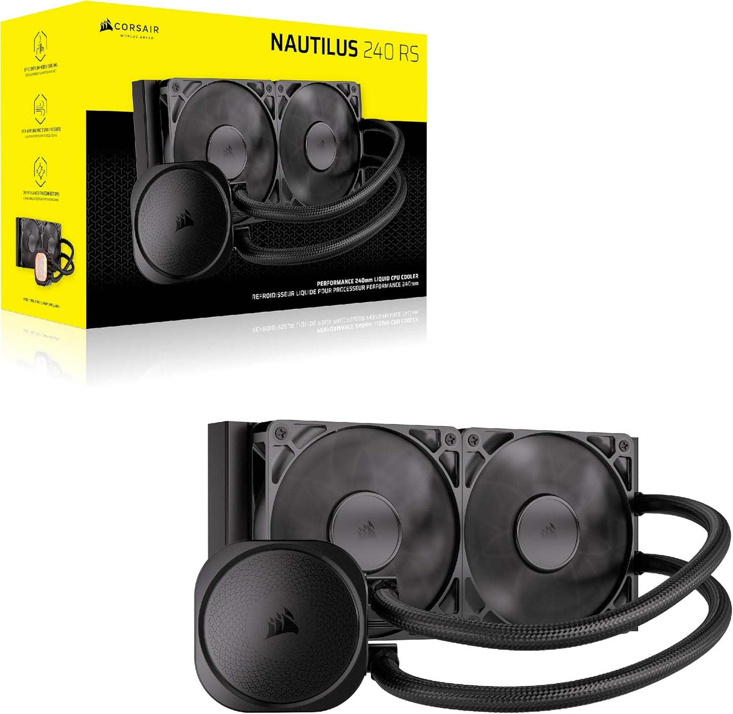 CORSAIR Nautilus 240 RS (ARGB or Non-RGB) Liquid CPU Cooler – 240mm AIO – Low-Noise – Direct Motherboard Connection – Daisy-Chain – Intel LGA 1851/1700, AMD AM5/AM4 – 2X RS120 ARGB Fans Included – Black