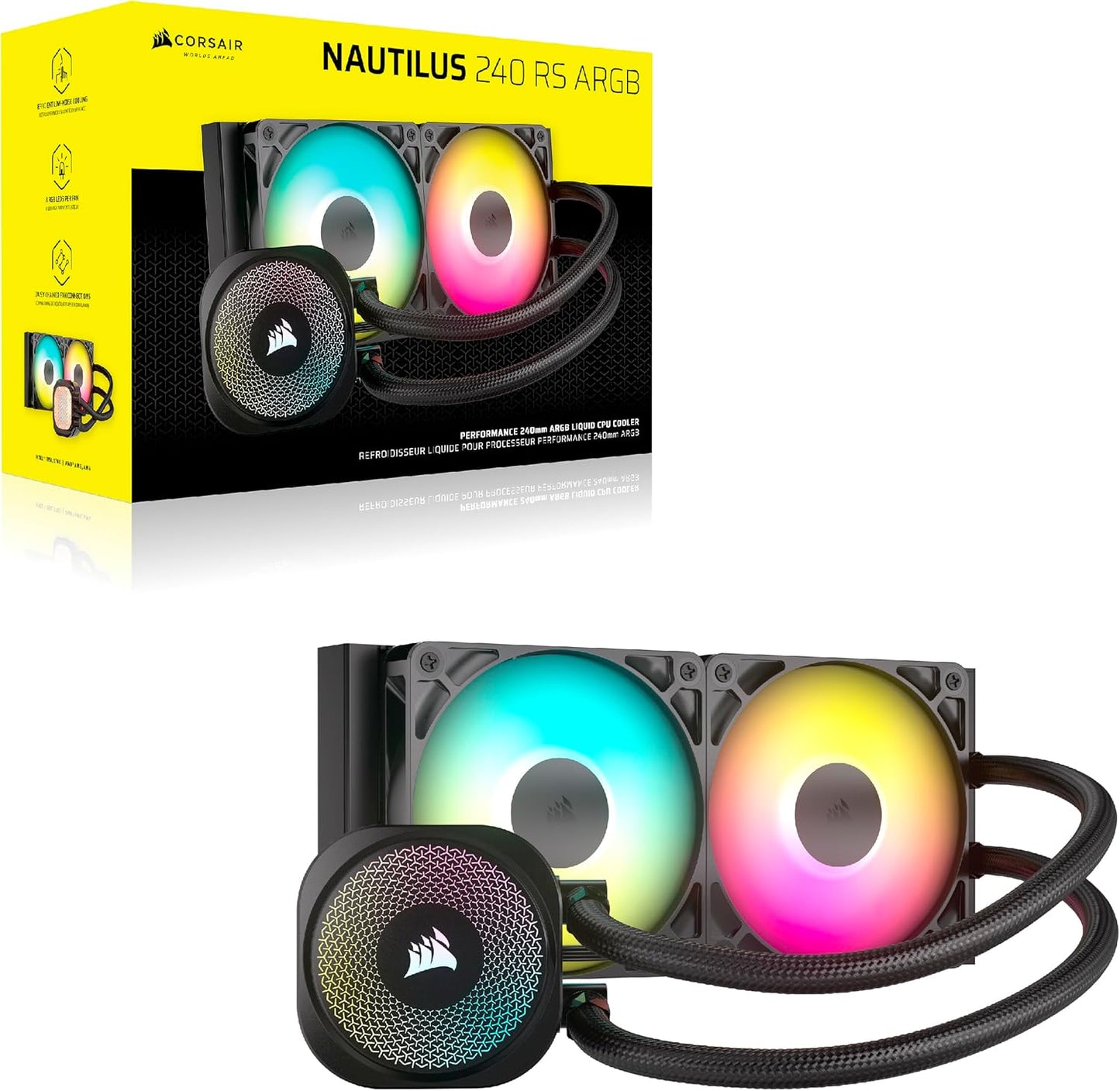 CORSAIR Nautilus 240 RS (ARGB or Non-RGB) Liquid CPU Cooler – 240mm AIO – Low-Noise – Direct Motherboard Connection – Daisy-Chain – Intel LGA 1851/1700, AMD AM5/AM4 – 2X RS120 ARGB Fans Included – Black