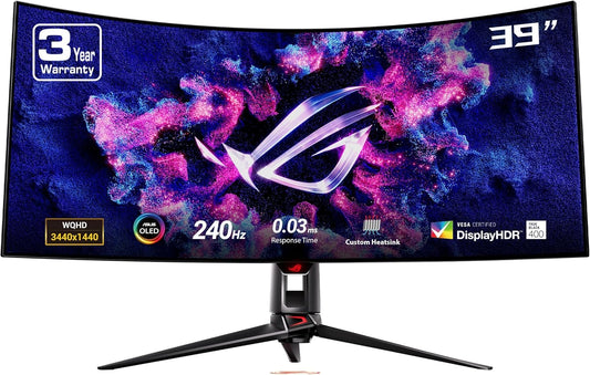 ASUS ROG Swift 39” Ultrawide 800R Curved OLED Gaming Monitor (PG39WCDM) - 21:9 (3440x1440), 240Hz, 0.03ms, G-SYNC Compatible, Custom Heatsink, 90W USB-C, DisplayWidget, 3 yr Warranty